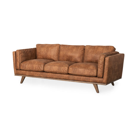 Brooks 90.2L x 34.8W x 33.5H Cognac Brown Faux Leather Three Seater Sofa W/ Medium Brown Wooden Legs from Mercana - Luna Furniture