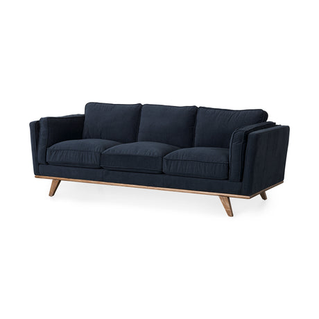 Brooks 90.2L x 34.8W x 33.5H Navy Blue Fabric Three Seater Sofa W/ Medium Brown Wooden Legs from Mercana - Luna Furniture