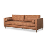 Loretta 88.0L x 36.2W x 33.9H Cognac Brown Faux Leather Three Seater Sofa with Two Bolster Cushions from Mercana - Luna Furniture