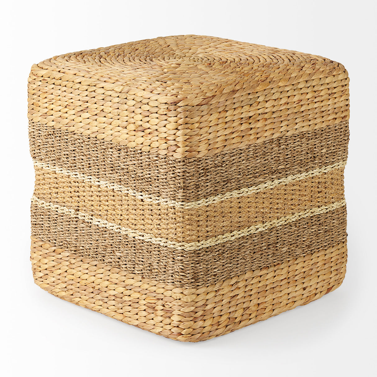 Maya 17.7L x 17.7W x 17.7H Light Brown W/Medium Brown Stripes Seagrass Square Pouf from Mercana - Luna Furniture