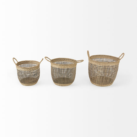 Triopas 15.7L x 15.7W x 13.4H (Set of 3) Medium Brown Seagrass Round Basket W/ Handles from Mercana - Luna Furniture