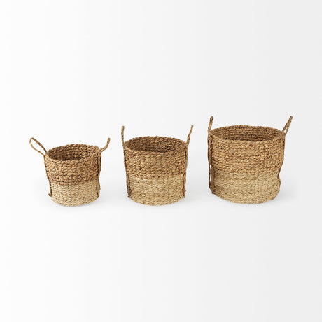 Morocco (Set of 3) Brown Two Tone Water Hyacinth and Cornhusk Round Basket W/ Handles from Mercana - Luna Furniture
