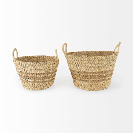 Vance 17.7L x 17.7W x 11.8H Light Brown Palm Leaf and Seagrass Round Basket W/ Handles from Mercana - Luna Furniture