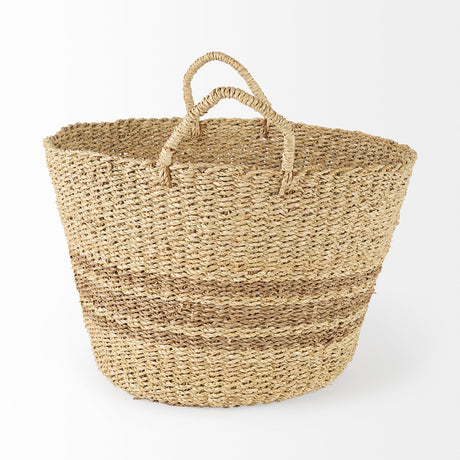 Vance 17.7L x 17.7W x 11.8H Light Brown Palm Leaf and Seagrass Round Basket W/ Handles from Mercana - Luna Furniture