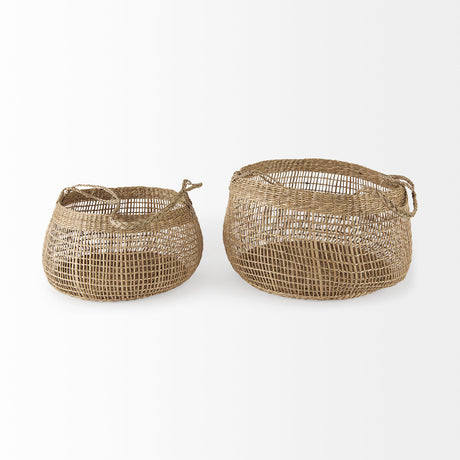Nova 15.0L x 15.0W x 9.4H (Set of 2) Light Brown Seagrass Woven Round Basket W/ Long Handle from Mercana - Luna Furniture