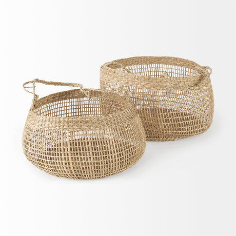 Nova 15.0L x 15.0W x 9.4H (Set of 2) Light Brown Seagrass Woven Round Basket W/ Long Handle from Mercana - Luna Furniture
