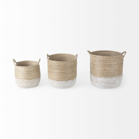Maddie (Set of 3) Light Brown W/White Dipped Seagrass Round Basket W/ Handles from Mercana - Luna Furniture
