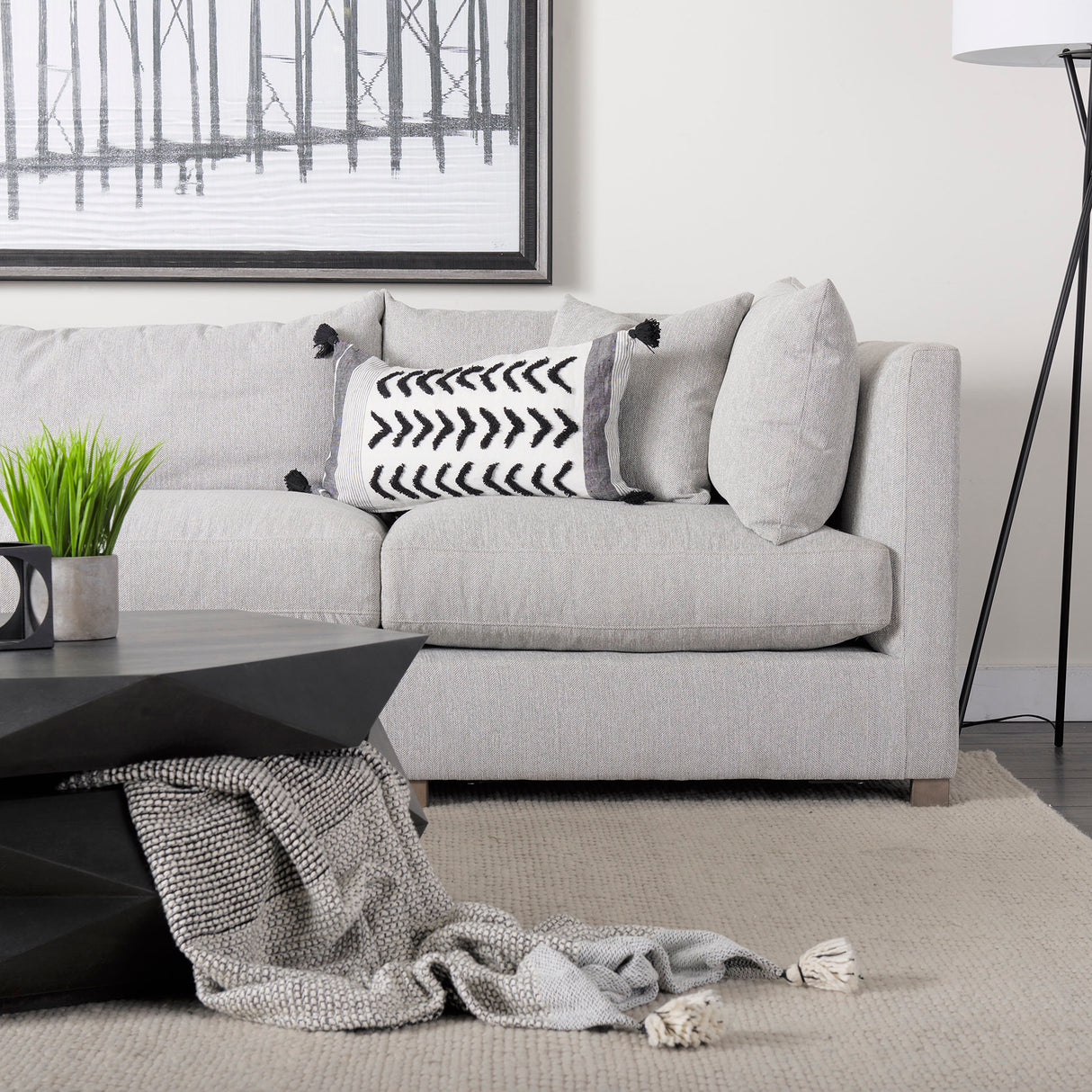 Kimia 14L x 26W White and Black Fabric Herringbone and Fringed Decorative Pillow Cover from Mercana - Luna Furniture