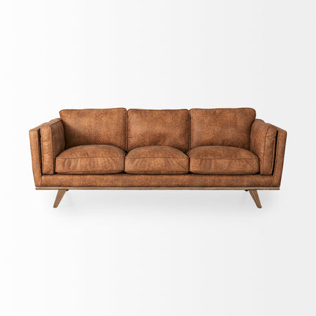 Brooks 90.2L x 34.8W x 33.5H Cognac Brown Faux Leather Three Seater Sofa W/ Medium Brown Wooden Legs from Mercana - Luna Furniture
