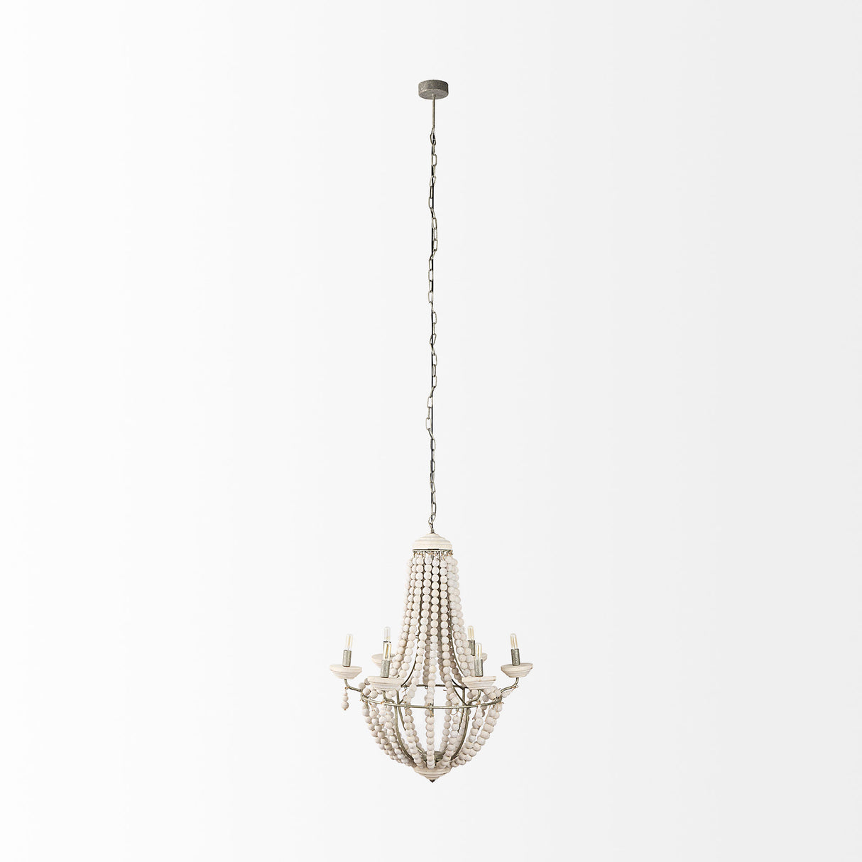 Phillum (29"x37") Silver Metal Chassis and White Wood Beaded Six Bulb Chandelier from Mercana - Luna Furniture