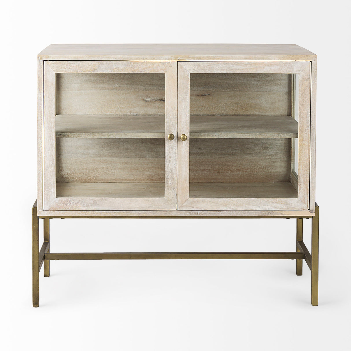 Arelius 36L x 18W x 32H White Wood, Gold Metal Base w/ 2 Glass Doors Accent Cabinet from Mercana - Luna Furniture