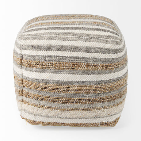 Aahana 16.0L x 16.0W x 16.0H White/Taupe/Gray Striped Hemp and Cotton Pouf from Mercana - Luna Furniture