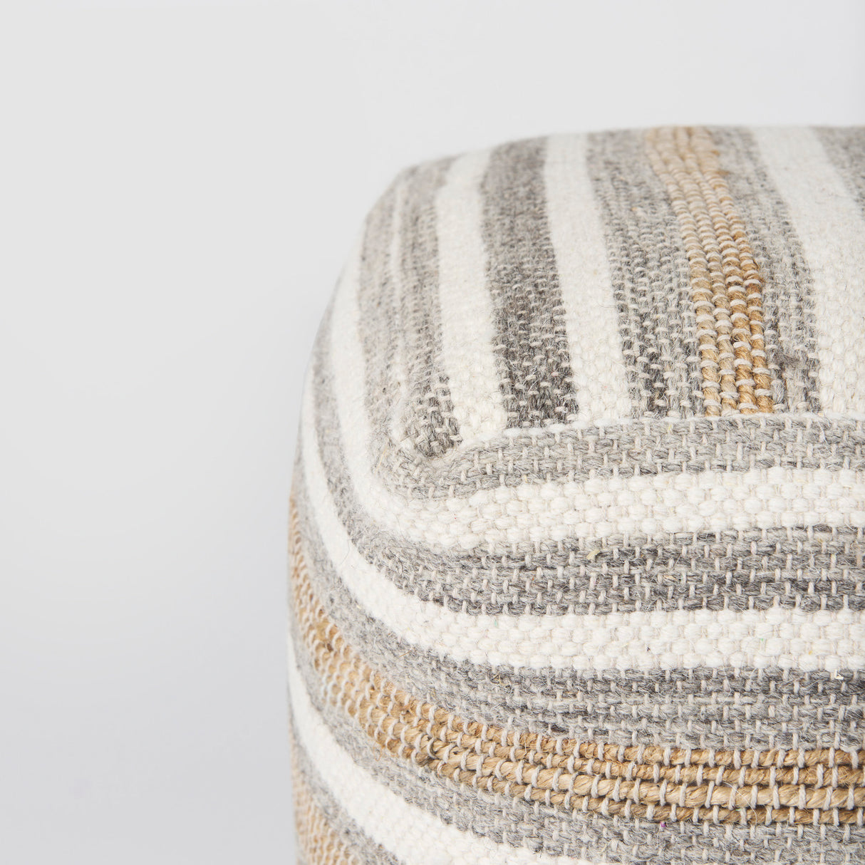 Aahana 16.0L x 16.0W x 16.0H White/Taupe/Gray Striped Hemp and Cotton Pouf from Mercana - Luna Furniture
