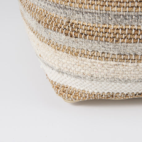 Aahana 16.0L x 16.0W x 16.0H White/Taupe/Gray Striped Hemp and Cotton Pouf from Mercana - Luna Furniture