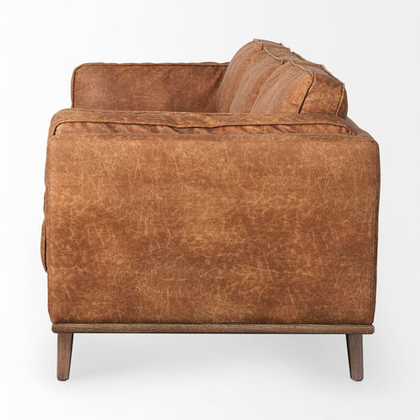 Brooks 90.2L x 34.8W x 33.5H Cognac Brown Faux Leather Three Seater Sofa W/ Medium Brown Wooden Legs from Mercana - Luna Furniture