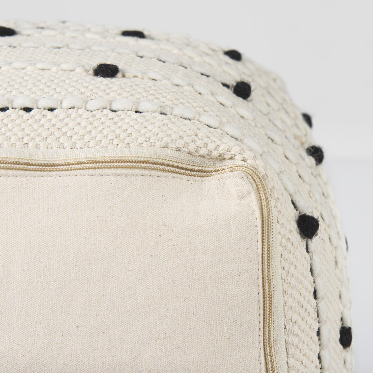 Amaira 16.0L x 16.0W x 16.0H Cream/Black/White patterned Wool and Cotton Pouf from Mercana - Luna Furniture