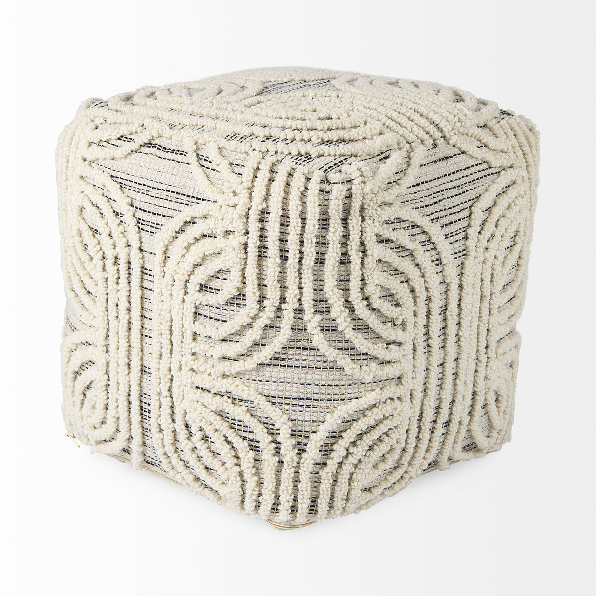 Amaya 16.0L x 16.0W x 16.0H Cream/Black/Gray Wool and Cotton Pouf from Mercana - Luna Furniture