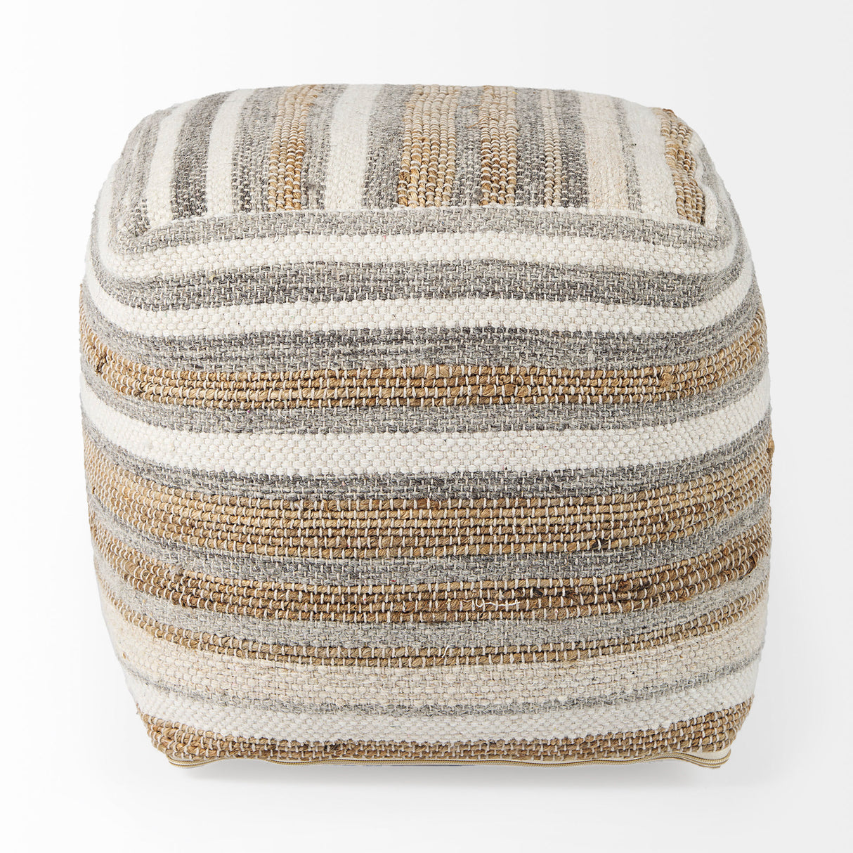 Aahana 16.0L x 16.0W x 16.0H White/Taupe/Gray Striped Hemp and Cotton Pouf from Mercana - Luna Furniture