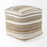 Aahana 16.0L x 16.0W x 16.0H White/Taupe/Gray Striped Hemp and Cotton Pouf from Mercana - Luna Furniture
