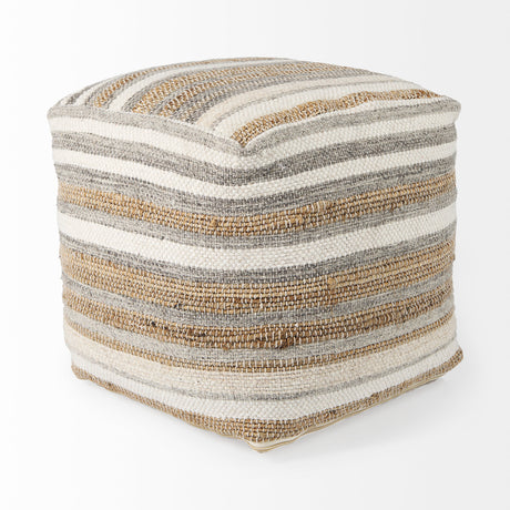 Aahana 16.0L x 16.0W x 16.0H White/Taupe/Gray Striped Hemp and Cotton Pouf from Mercana - Luna Furniture