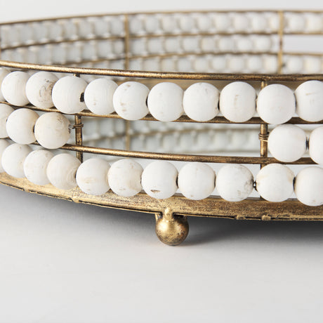 Decatur I 21L x 21W White Wooden Bead Mirrored Bottom Round Tray from Mercana - Luna Furniture
