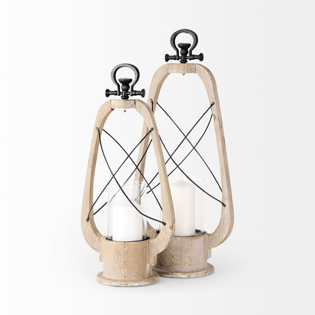 Zain II Large Brown Wooden Vintage Inspired Candle Holder Lantern from Mercana - Luna Furniture