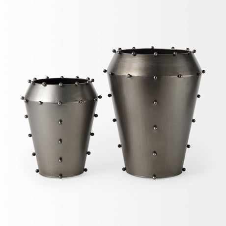 Elio 12.2H Large Gun Metal Gray Metal W/Studs Vase from Mercana - Luna Furniture
