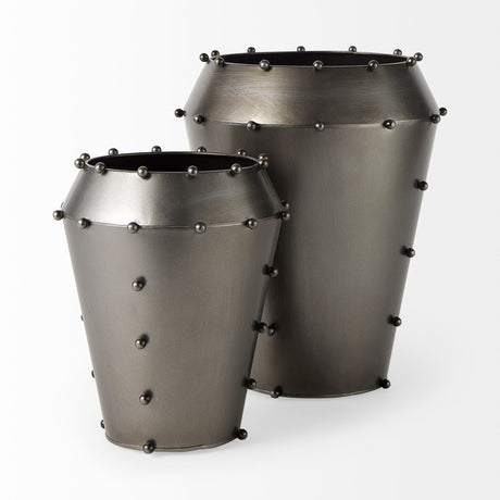 Elio 12.2H Large Gun Metal Gray Metal W/Studs Vase from Mercana - Luna Furniture
