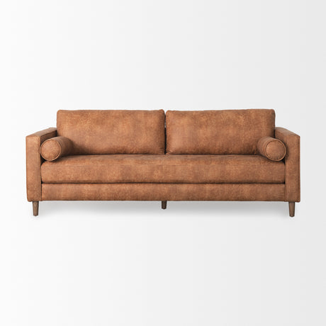 Loretta 88.0L x 36.2W x 33.9H Cognac Brown Faux Leather Three Seater Sofa with Two Bolster Cushions from Mercana - Luna Furniture