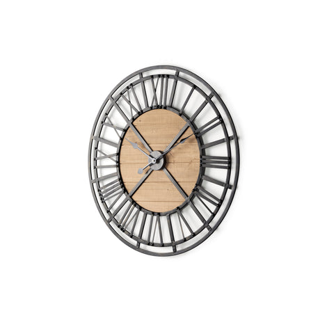 Lewiston 30.1L x 2.0W x 30.1H Black Iron W/Wood Round Wall Clock from Mercana - Luna Furniture