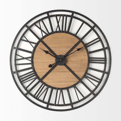 Lewiston 30.1L x 2.0W x 30.1H Black Iron W/Wood Round Wall Clock from Mercana - Luna Furniture