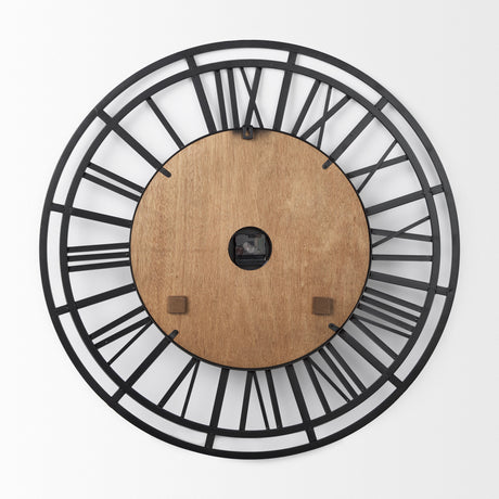 Lewiston 30.1L x 2.0W x 30.1H Black Iron W/Wood Round Wall Clock from Mercana - Luna Furniture