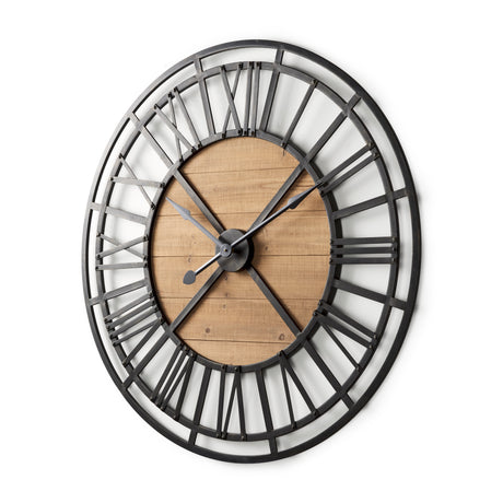 Lewiston 42.1L x 2.6W x 42.1H Black Iron W/Wood Round Wall Clock from Mercana - Luna Furniture