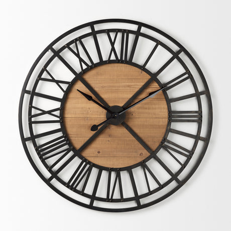 Lewiston 42.1L x 2.6W x 42.1H Black Iron W/Wood Round Wall Clock from Mercana - Luna Furniture