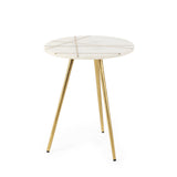 Vivienne 16.0L x 16.0W x 19.0H White Marble W/Antique Gold Metal Round Small Side Table from Mercana - Luna Furniture