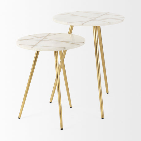 Vivienne 16.0L x 16.0W x 19.0H White Marble W/Antique Gold Metal Round Small Side Table from Mercana - Luna Furniture