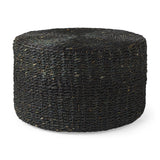 Dina 75L x 75W x 45H Black Cornhusk and Water Hyacinth Round Coffee Table Pouf from Mercana - Luna Furniture