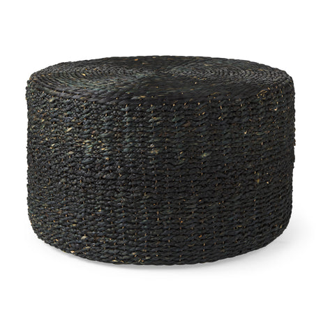 Dina 75L x 75W x 45H Black Cornhusk and Water Hyacinth Round Coffee Table Pouf from Mercana - Luna Furniture