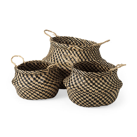 Gaia (Set of 3) Light and Dark Brown Cross Patterend Belly Seagrass Basket from Mercana - Luna Furniture