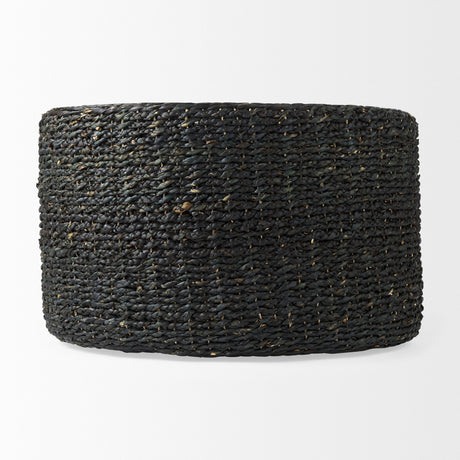 Dina 75L x 75W x 45H Black Cornhusk and Water Hyacinth Round Coffee Table Pouf from Mercana - Luna Furniture