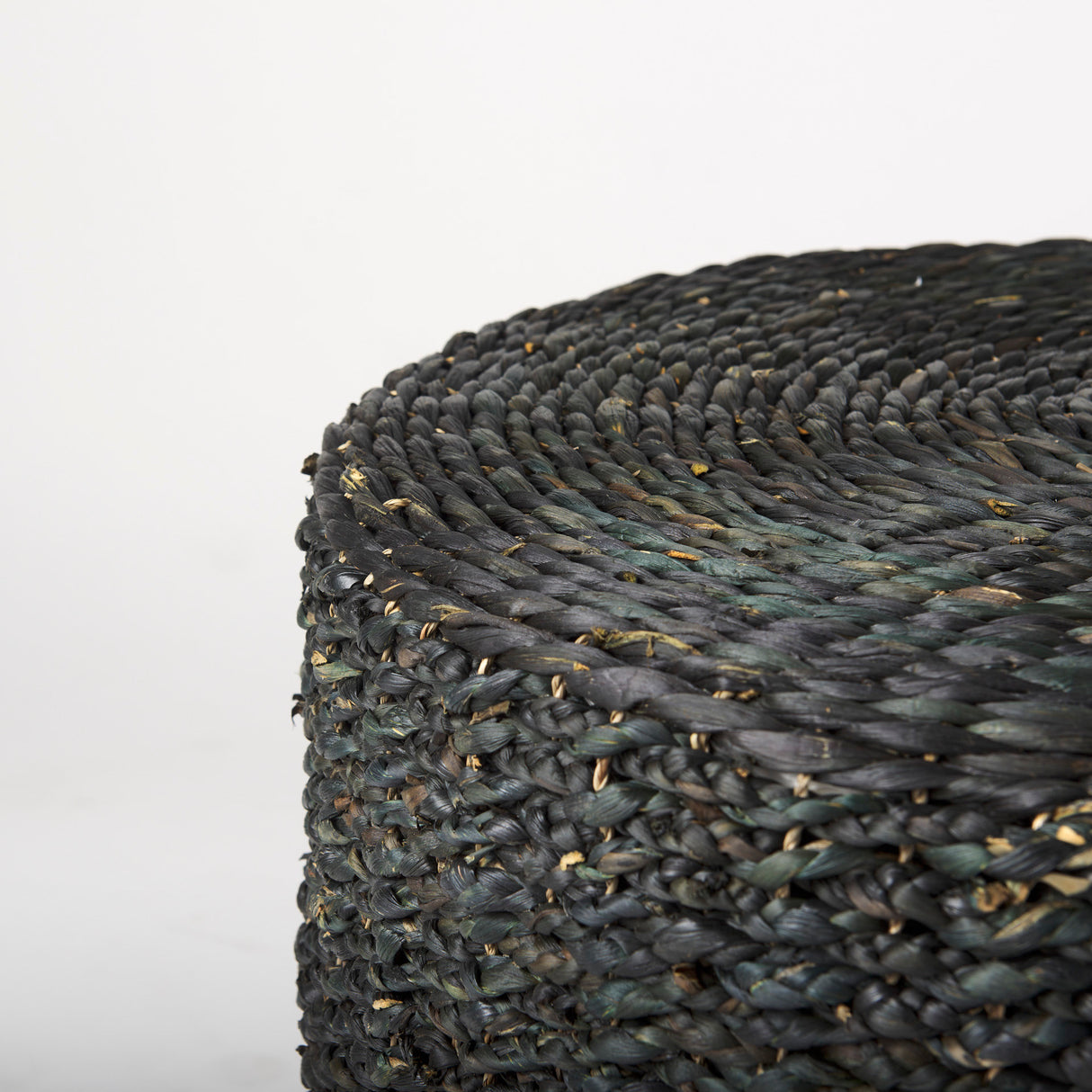 Dina 75L x 75W x 45H Black Cornhusk and Water Hyacinth Round Coffee Table Pouf from Mercana - Luna Furniture