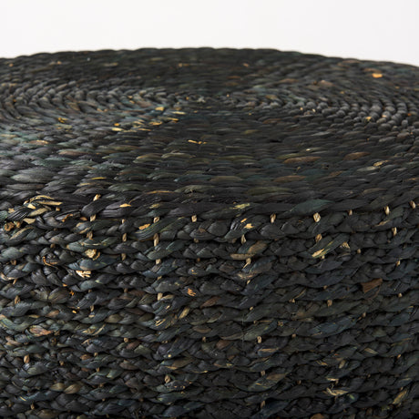 Dina 75L x 75W x 45H Black Cornhusk and Water Hyacinth Round Coffee Table Pouf from Mercana - Luna Furniture