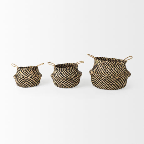 Gaia (Set of 3) Light and Dark Brown Cross Patterend Belly Seagrass Basket from Mercana - Luna Furniture