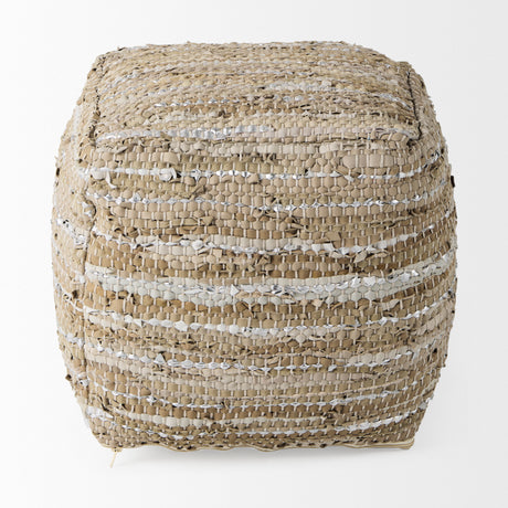 Aadhya 16.0L x 16.0W x 16.0H Taupe/Silver Leather and Cotton Pouf from Mercana - Luna Furniture