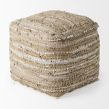 Aadhya 16.0L x 16.0W x 16.0H Taupe/Silver Leather and Cotton Pouf from Mercana - Luna Furniture