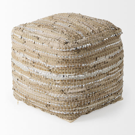 Aadhya 16.0L x 16.0W x 16.0H Taupe/Silver Leather and Cotton Pouf from Mercana - Luna Furniture