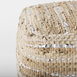 Aadhya 16.0L x 16.0W x 16.0H Taupe/Silver Leather and Cotton Pouf from Mercana - Luna Furniture
