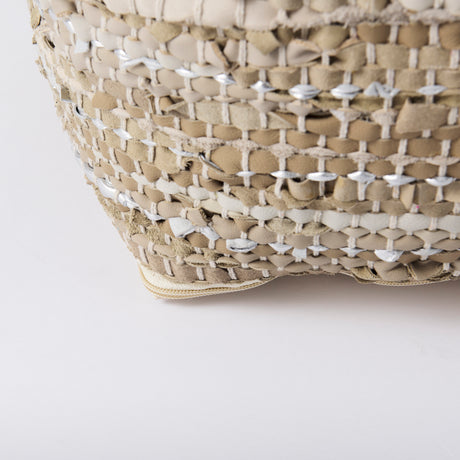 Aadhya 16.0L x 16.0W x 16.0H Taupe/Silver Leather and Cotton Pouf from Mercana - Luna Furniture