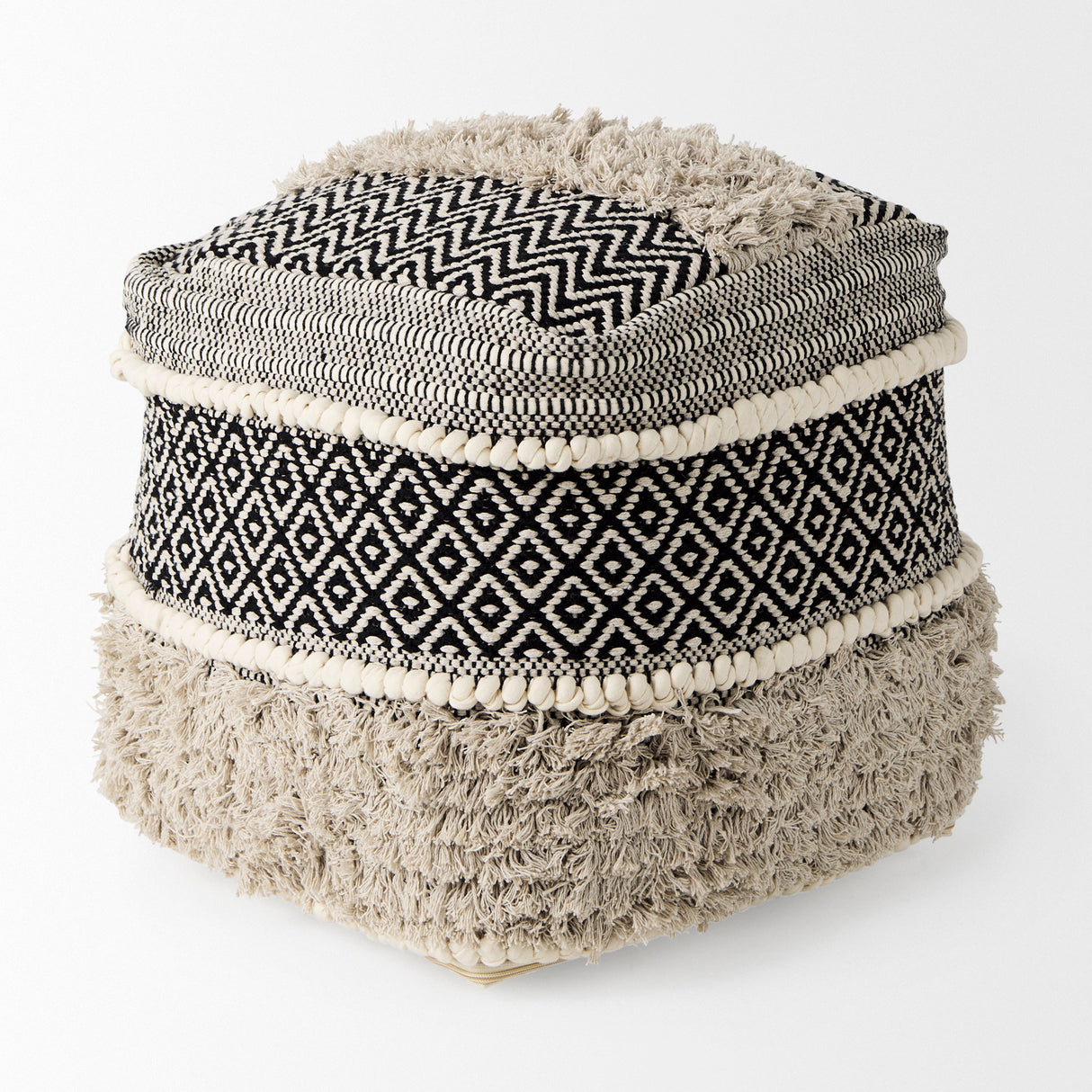 Darika 16.0L x 16.0W x 16.0H Black/White/Gray Cotton Pouf from Mercana - Luna Furniture