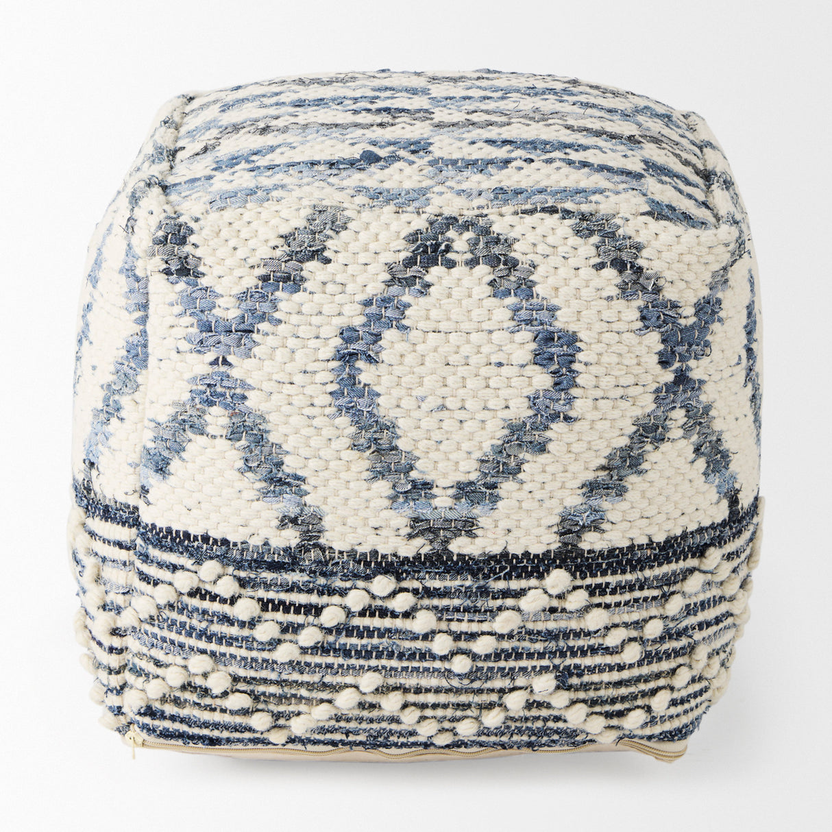 Eshana 16.0L x 16.0W x 16.0H Cream Wool and Denim Patterned Pouf from Mercana - Luna Furniture